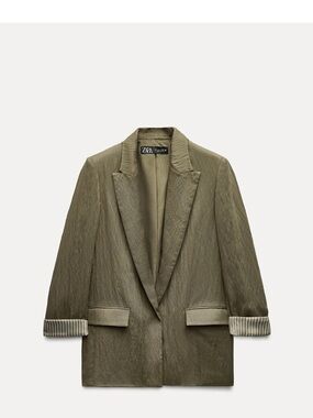 Zara Olive Blazer with Striped Cuff Detail, worn once, S